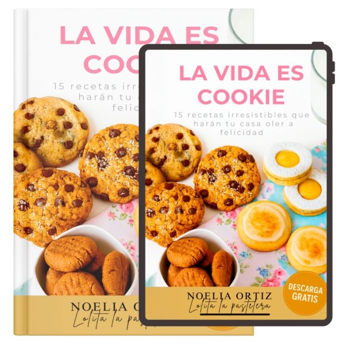 Mockup del ebook “La vida es cookie” con 15 recetas de galletas caseras de Lolita la Pastelera